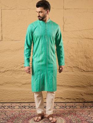 Men turquoise blue cotton solid embroidered straight kurta 5