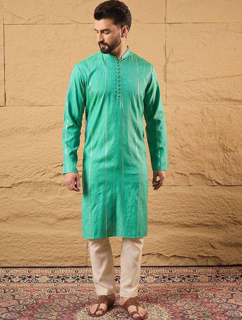 Men turquoise blue cotton solid embroidered straight kurta