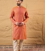 Mens orange cotton solid embroidered sequins straight kurta