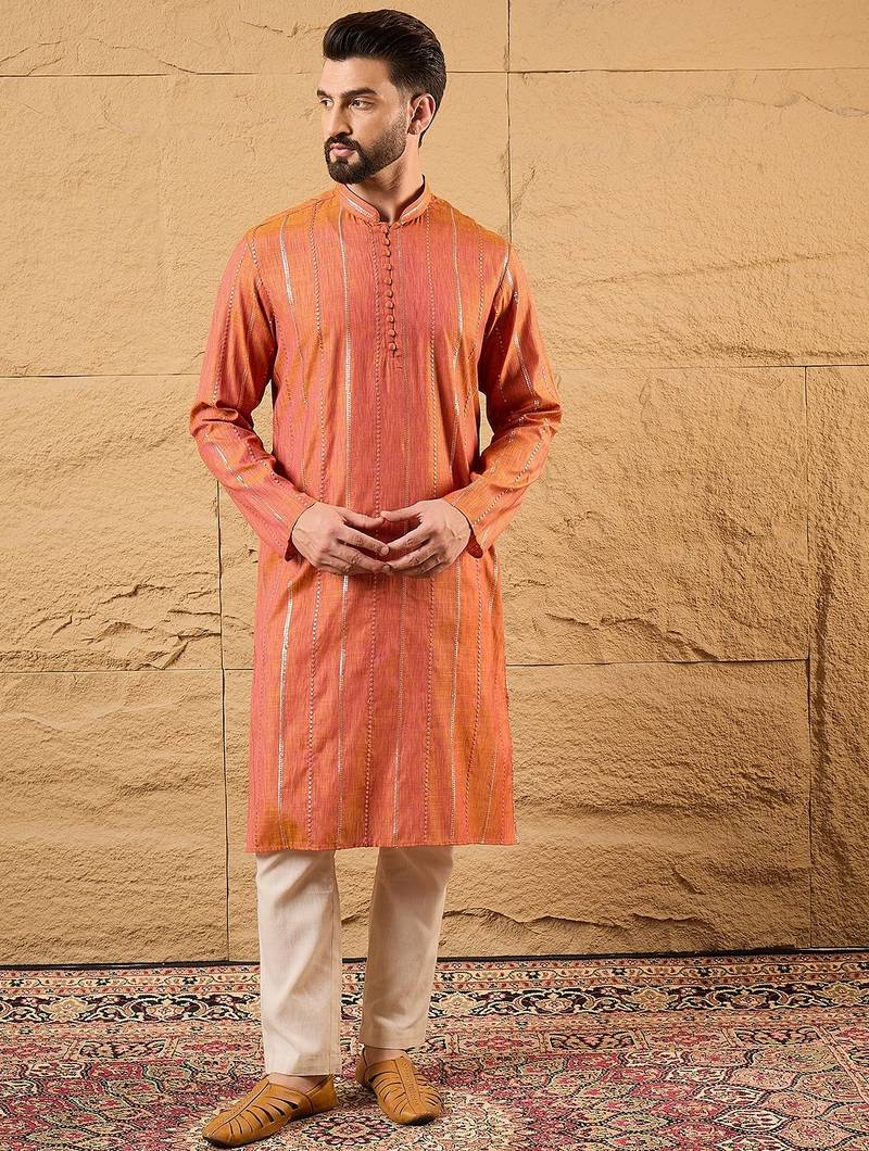 Mens orange cotton solid embroidered sequins straight kurta