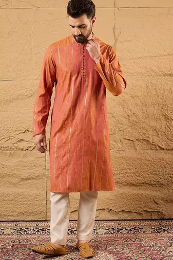 Mens orange cotton solid embroidered sequins straight kurta
