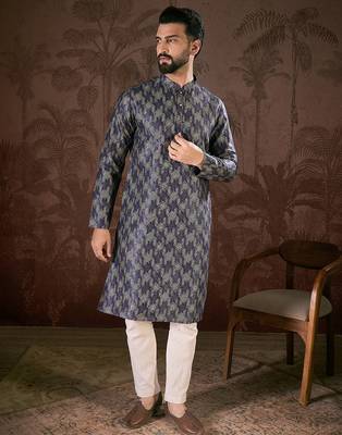 Men violet silk blend chevron printed straight kurta with trouser 2