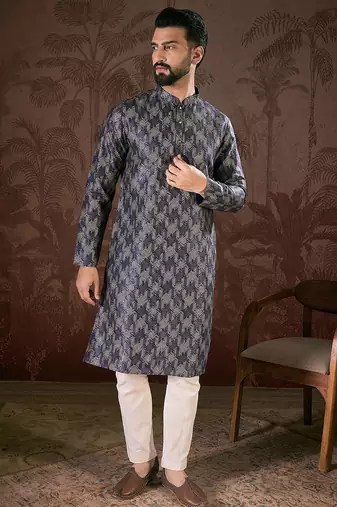 Men violet silk blend chevron printed straight kurta with trouser