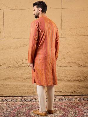 Mens orange cotton solid embroidered sequins straight kurta 4