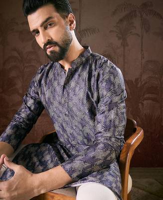 Men violet silk blend chevron printed straight kurta with trouser 3