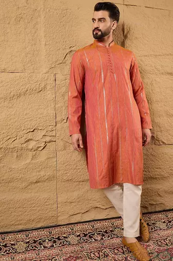 Mens orange cotton solid embroidered sequins straight kurta
