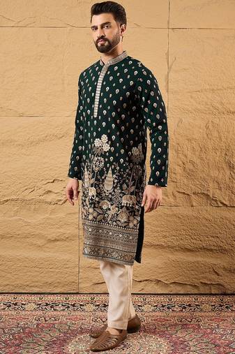 Men green georgette solid embroidered straight kurta