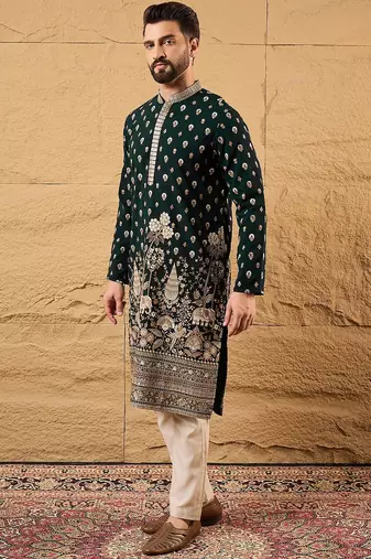 Men green georgette solid embroidered straight kurta