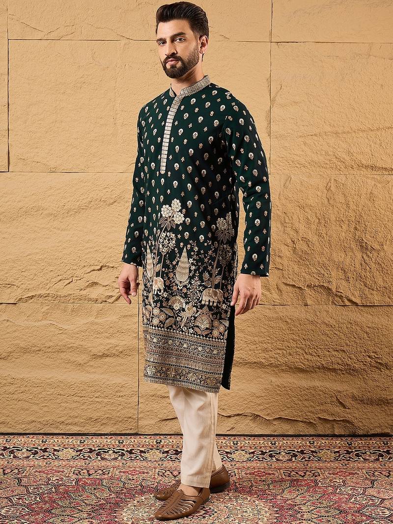 Men green georgette solid embroidered straight kurta