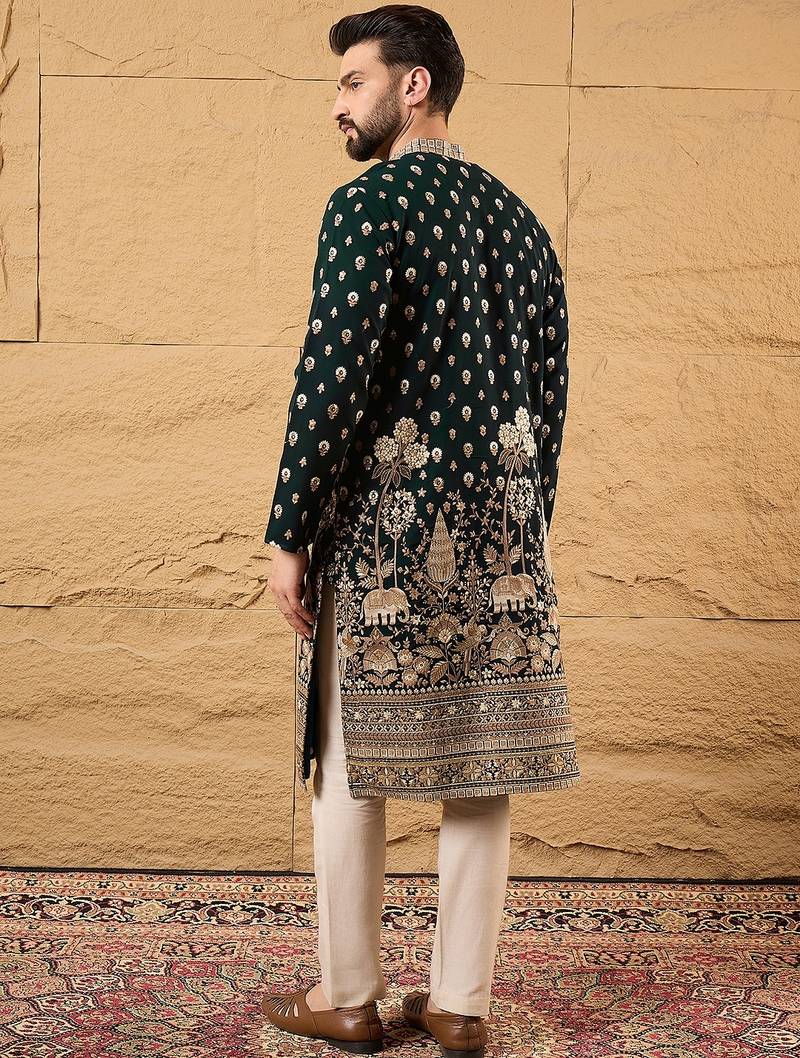 Men green georgette solid embroidered straight kurta