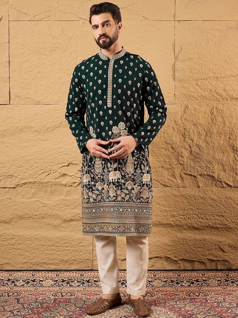 Men green georgette solid embroidered straight kurta