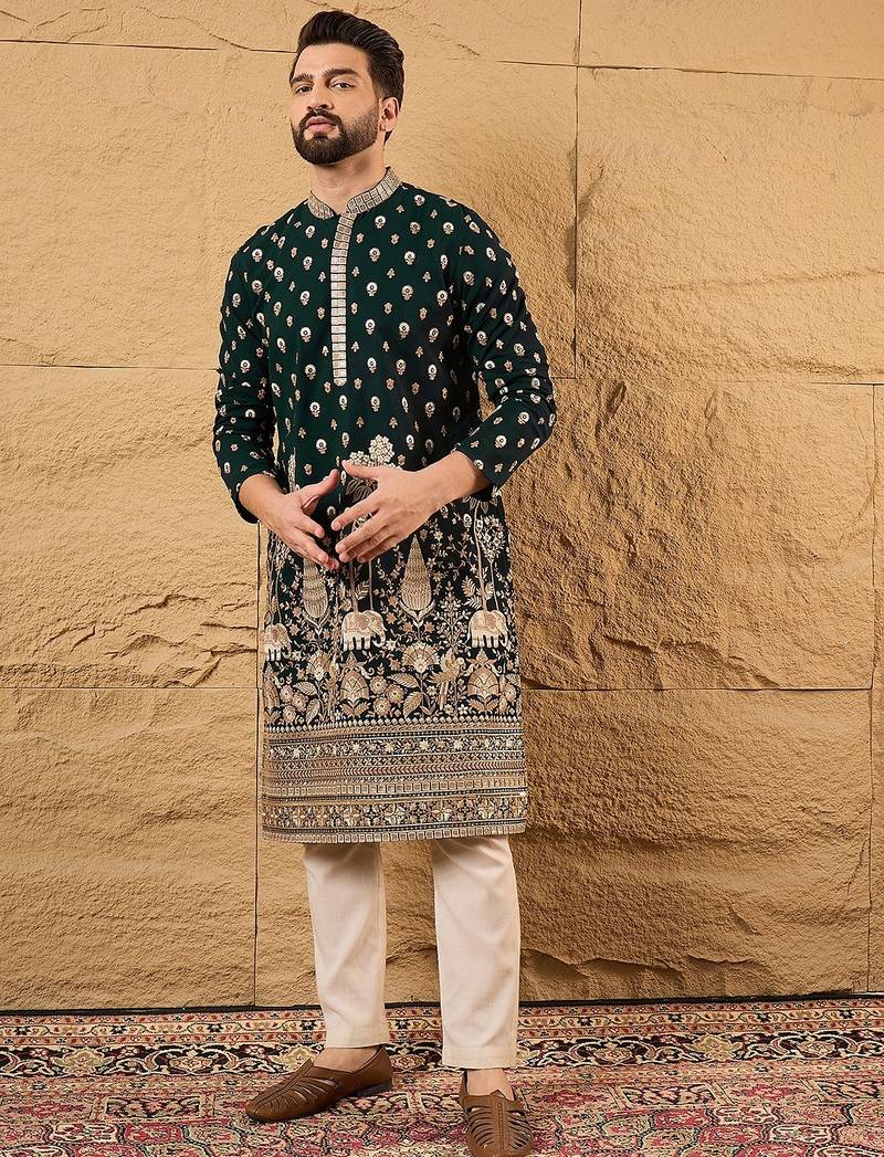 Men green georgette solid embroidered straight kurta