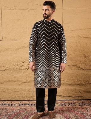 Men black georgette solid embroidered straight kurta 1
