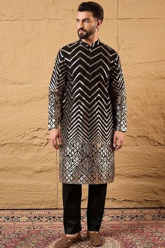 Men black georgette solid embroidered straight kurta