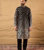 Men black georgette solid embroidered straight kurta