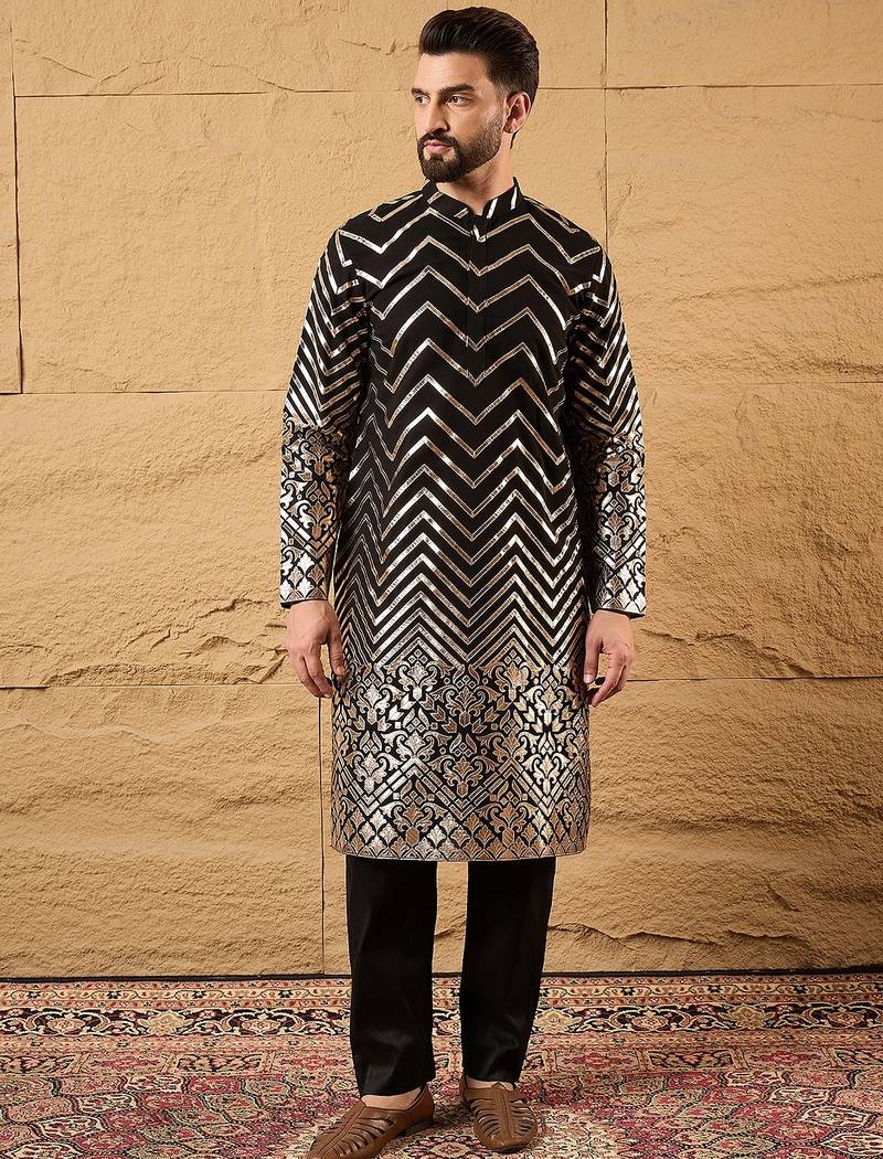 Men black georgette solid embroidered straight kurta