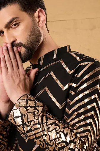 Men black georgette solid embroidered straight kurta