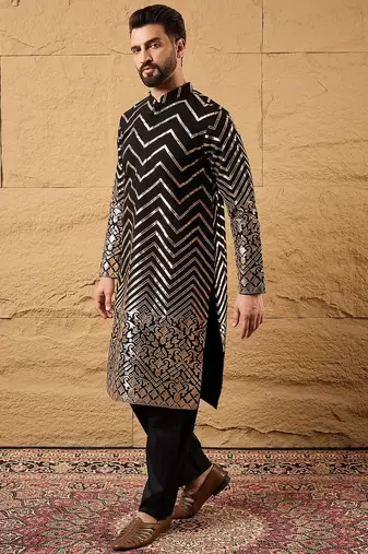 Men black georgette solid embroidered straight kurta