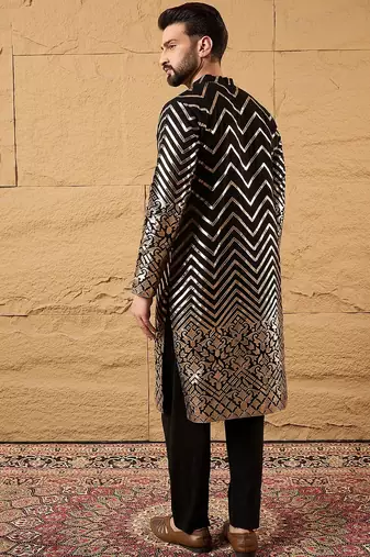 Men black georgette solid embroidered straight kurta