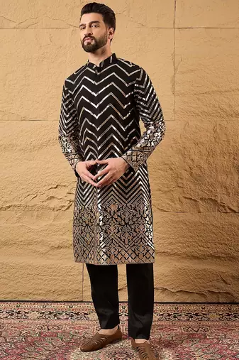 Men black georgette solid embroidered straight kurta