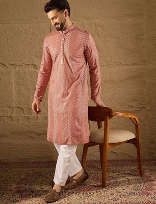 Men pink viscose rayon solid embroidered straight kurta 1