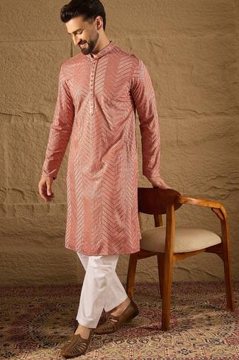 Men pink viscose rayon solid embroidered straight kurta