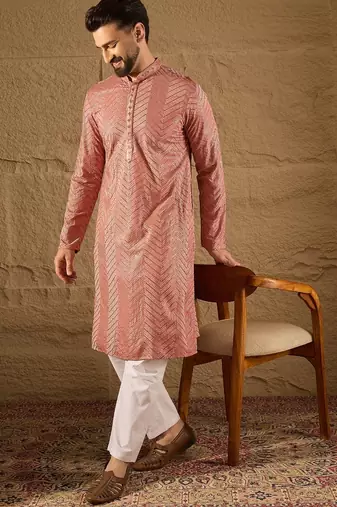 Men pink viscose rayon solid embroidered straight kurta