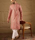 Men pink viscose rayon solid embroidered straight kurta