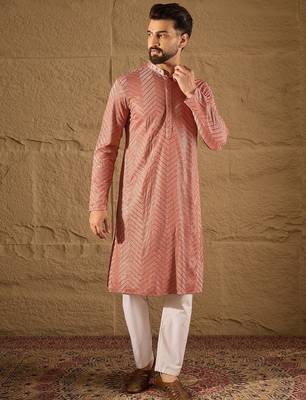 Men pink viscose rayon solid embroidered straight kurta 2