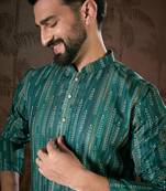 Men turquoise blue silk blend floral printed straight kurta with trouser