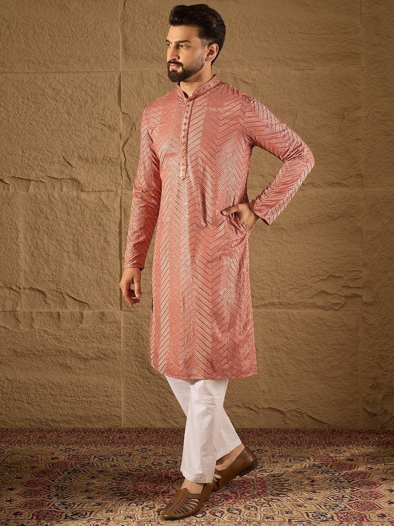Men pink viscose rayon solid embroidered straight kurta