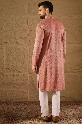 Men pink viscose rayon solid embroidered straight kurta