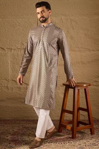 Men grey viscose rayon solid embroidered straight kurta