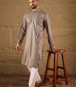 Men grey viscose rayon solid embroidered straight kurta