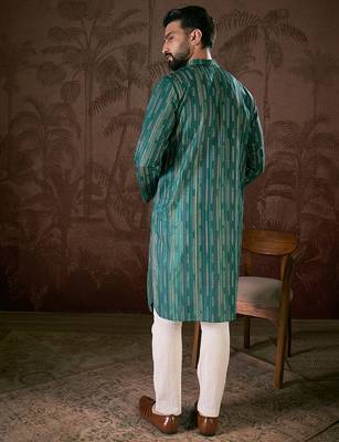 Men turquoise blue silk blend floral printed straight kurta with trouser 4