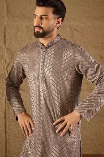 Men grey viscose rayon solid embroidered straight kurta