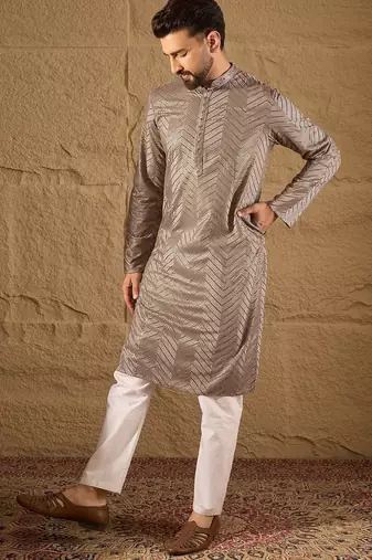 Men grey viscose rayon solid embroidered straight kurta