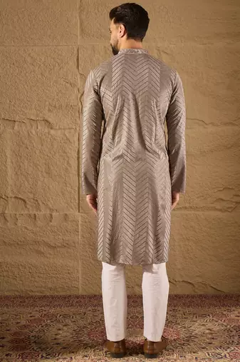 Men grey viscose rayon solid embroidered straight kurta