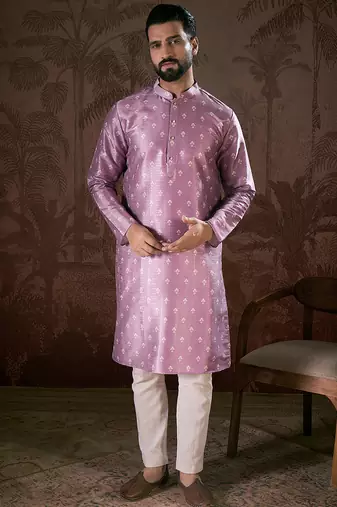 Men lavender silk blend floral printed straight kurta with trouser