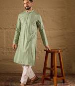 Men green viscose rayon solid embroidered straight kurta