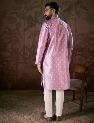 Men lavender silk blend floral printed straight kurta with trouser 4