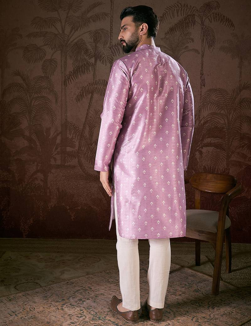 Men lavender silk blend floral printed straight kurta with trouser