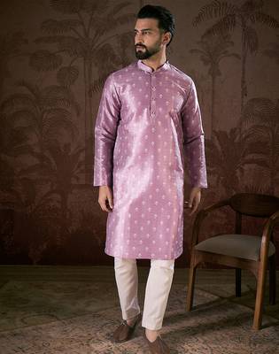 Men lavender silk blend floral printed straight kurta with trouser 5