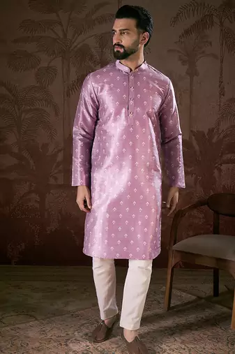 Men lavender silk blend floral printed straight kurta with trouser