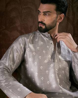 Men grey silk blend floral printed straight kurta with trouser 1