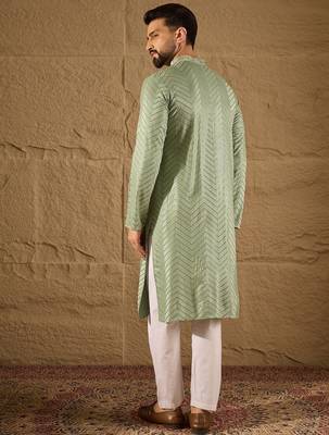 Men green viscose rayon solid embroidered straight kurta 5