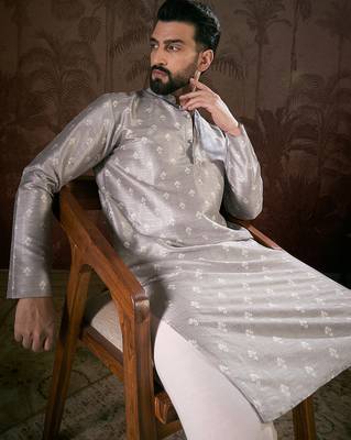 Men grey silk blend floral printed straight kurta with trouser 2