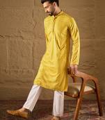 Men yellow viscose rayon solid embroidered straight kurta