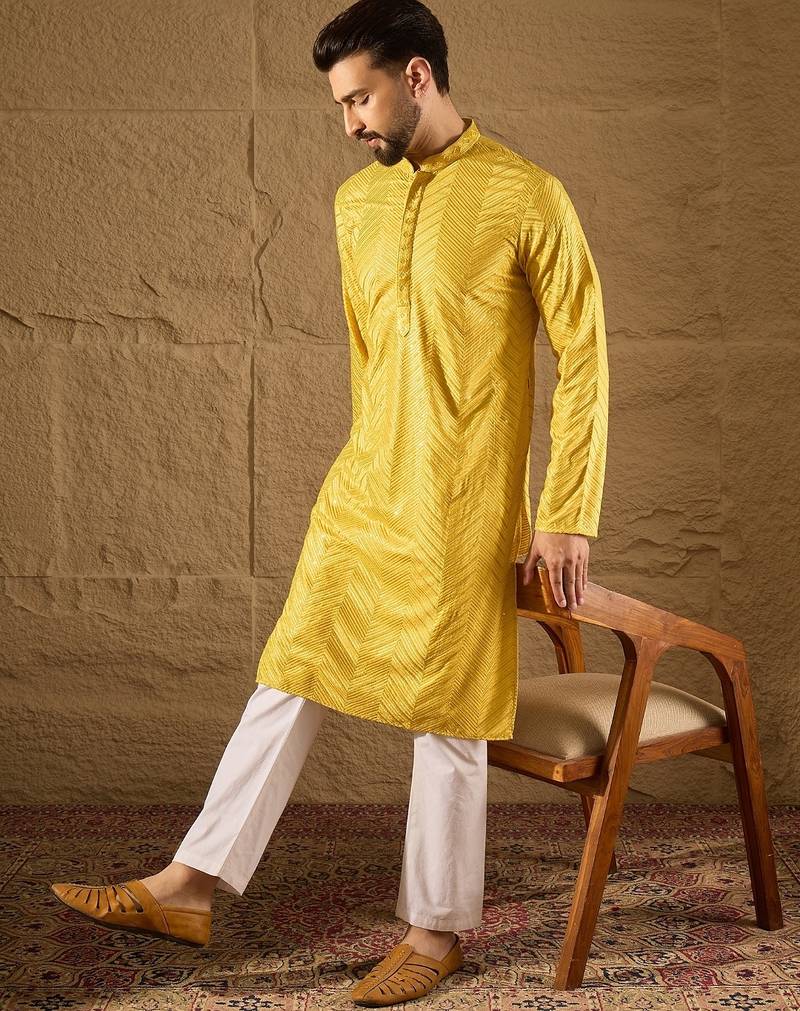Men yellow viscose rayon solid embroidered straight kurta