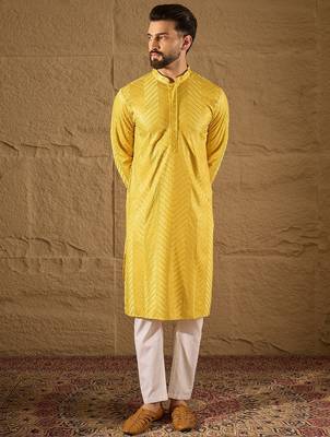 Men yellow viscose rayon solid embroidered straight kurta 2